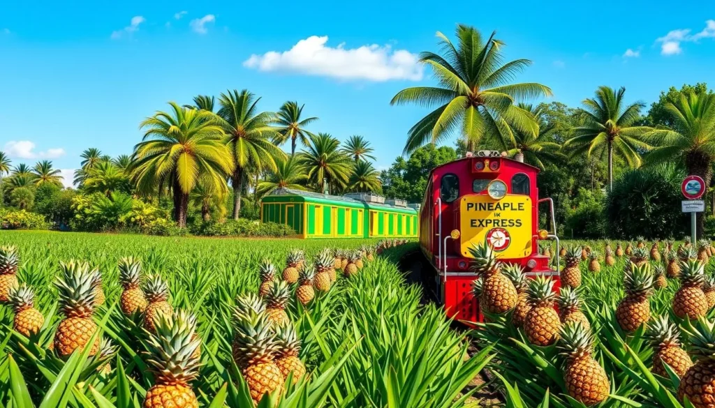 Generate an image of the Pineapple Express Train chugging through the lush fields of Dole Plantation.