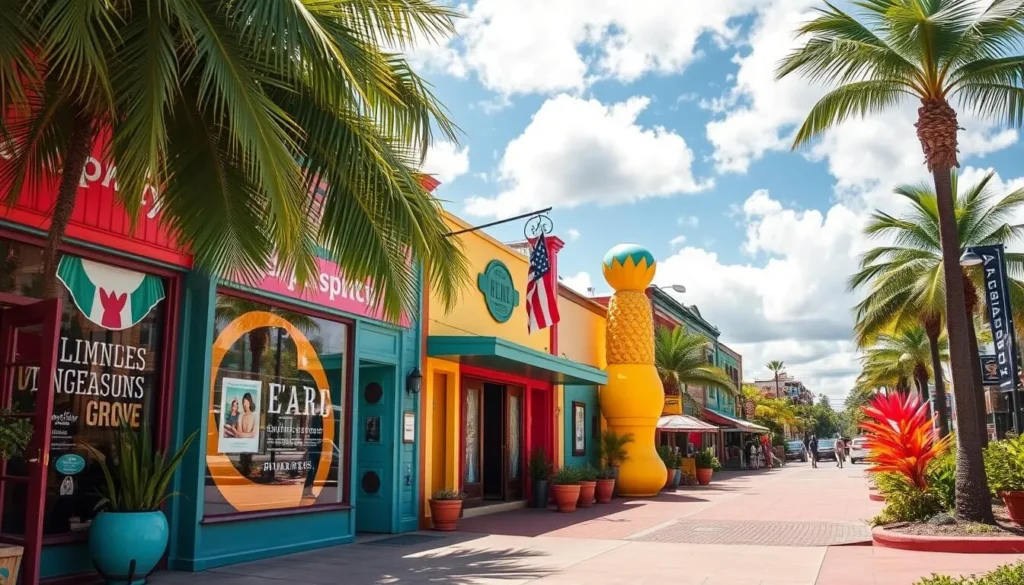 Generate an image of the Pineapple Grove Arts District, showcasing its vibrant galleries and public art.