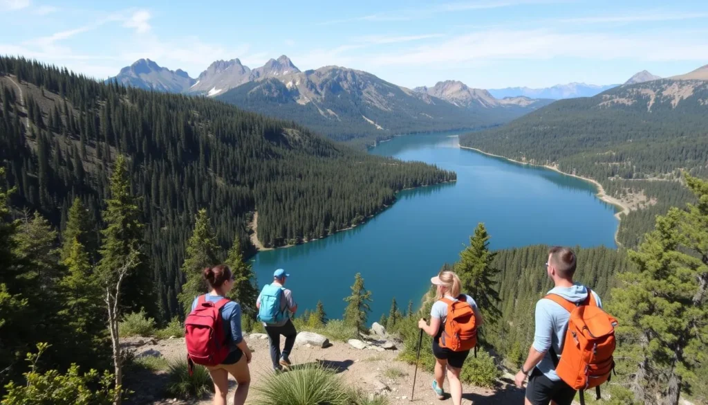 Generate an image of the Pinecrest Lake loop trail with hikers enjoying the scenic views.