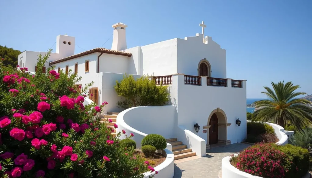 Generate an image of the Pinto Art Museum's Santorini-themed architecture surrounded by lush greenery.