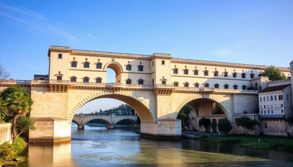Generate an image of the Pont d'Avignon with the Rhône River in the background.