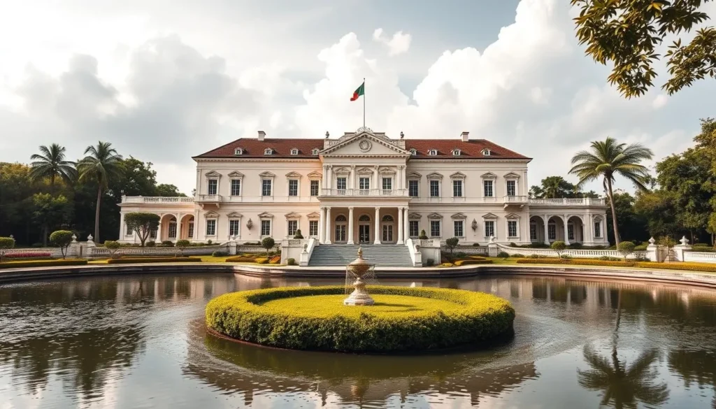 Generate an image of the Presidential Palace in Yamoussoukro, highlighting its grandeur and the surrounding moat.