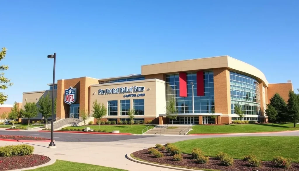 Generate an image of the Pro Football Hall of Fame building in Canton, Ohio.