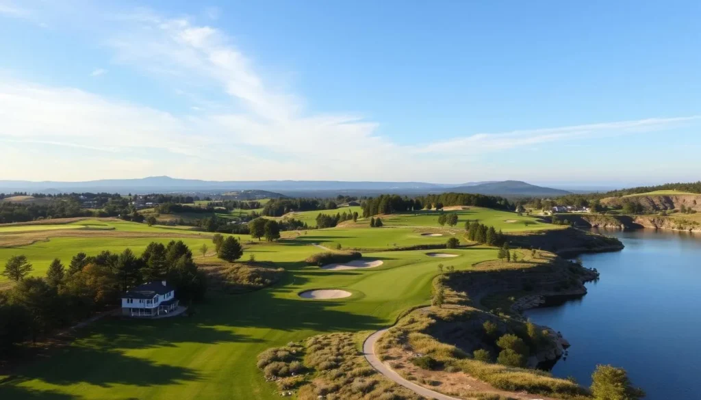 Generate an image of the Pumpkin Ridge Golf Club's scenic golf course with lush greenery and challenging obstacles.