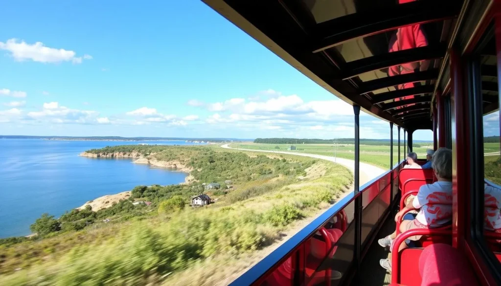 Generate an image of the Put-in-Bay Tour Train riding along the island's scenic route.