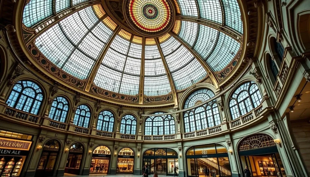 Generate an image of the Queen Victoria Building's interior, showcasing its beautiful stained glass domes and high-end boutiques.