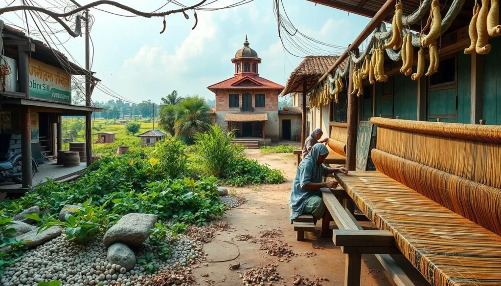 Generate an image of the Rajshahi Silk Factory with silkworms being bred and silk fabric being woven.