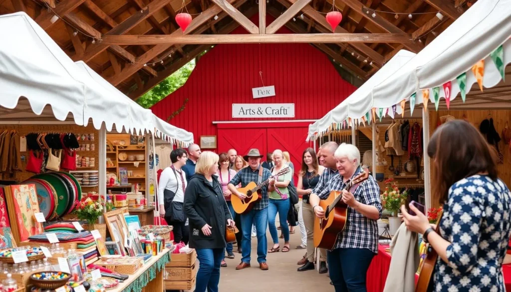 Generate an image of the Red Barn Arts & Crafts Festival with stalls selling handmade crafts and people enjoying live music.