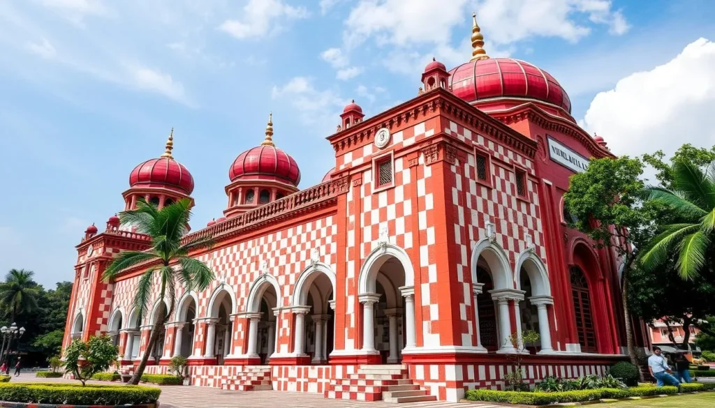 Generate an image of the Red Mosque in Colombo, Sri Lanka, showcasing its distinctive red and white checkerboard pattern.