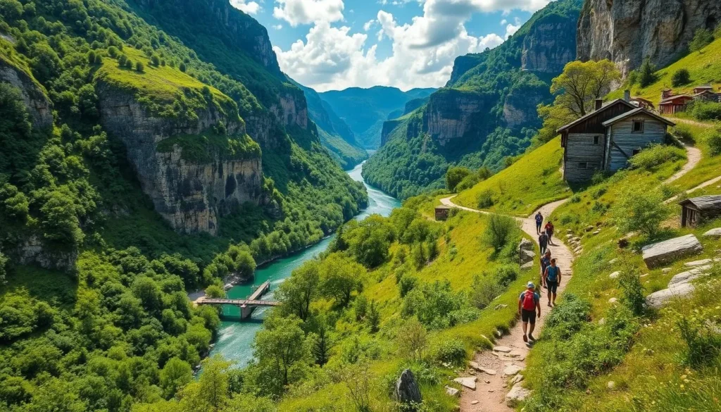Generate an image of the Rhine Gorge with hikers walking along the trail.