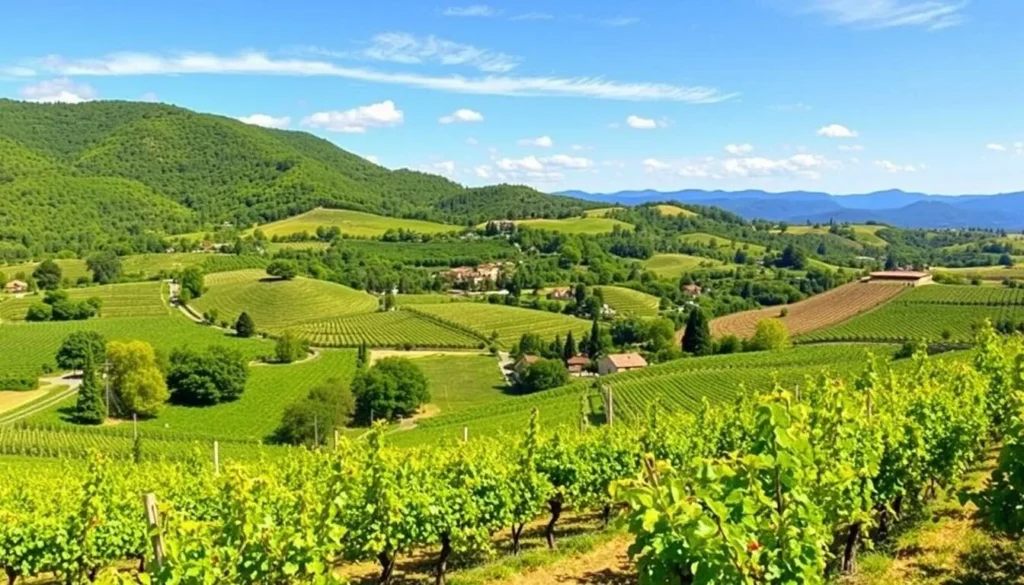 Generate an image of the Rhône Valley landscape, showcasing its vineyards and fruit orchards.