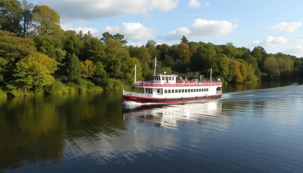Generate an image of the River Queen boat sailing on the Manasquan River with lush riverbanks and calm waters.