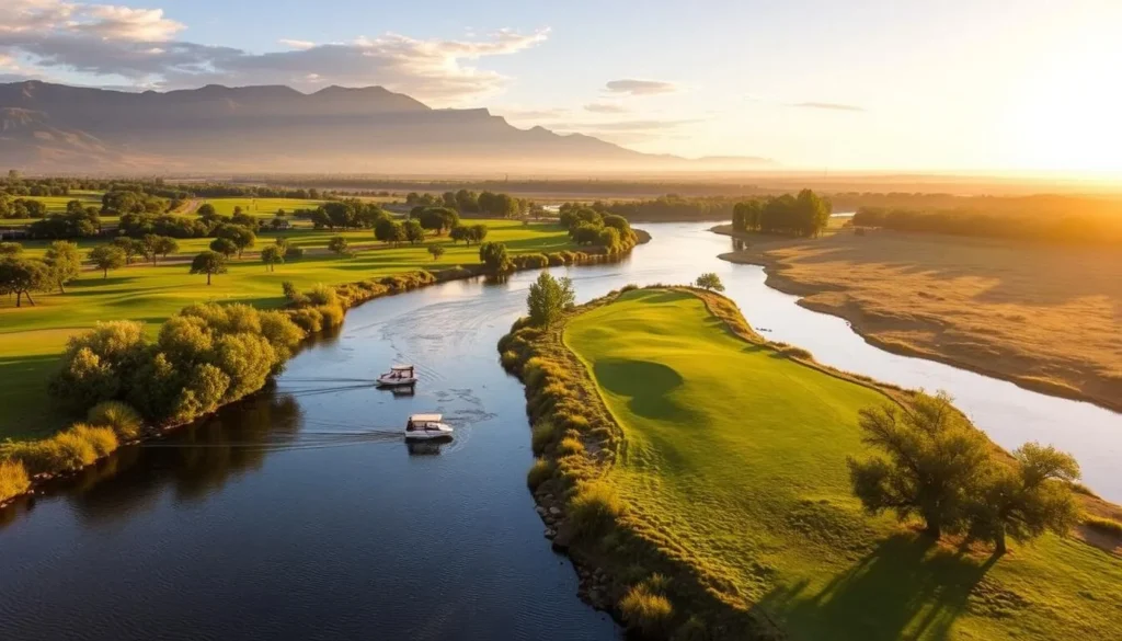 Generate an image of the Riviera on Vaal Country Club's golf course with the Vaal River flowing through it.