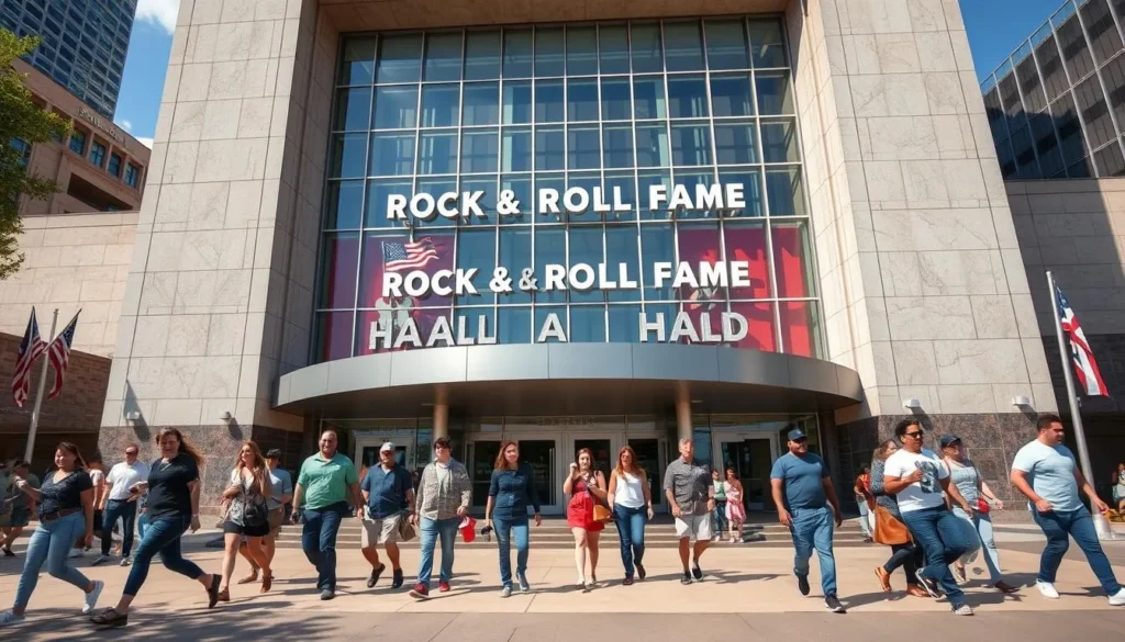 Generate an image of the Rock and Roll Hall of Fame building in Cleveland, Ohio, with visitors walking towards it.