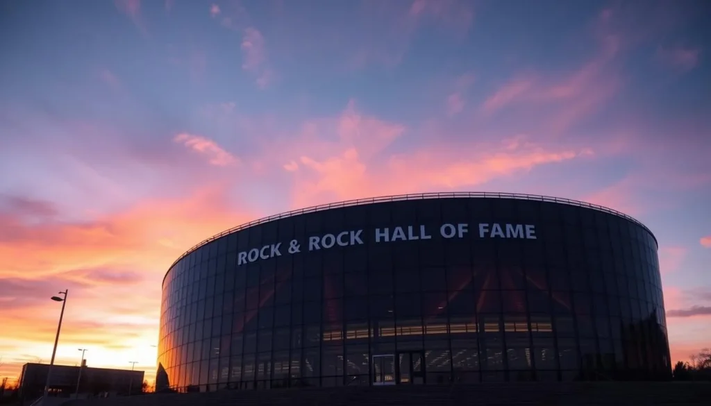 Generate an image of the Rock and Roll Hall of Fame's exterior at sunset.
