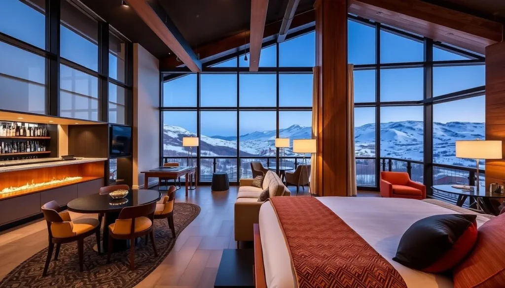 Generate an image of the Rocks Resort Hotel's modern lobby or a room with a view of the ski slopes.