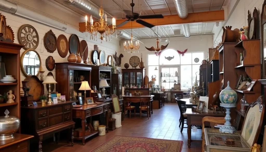 Generate an image of the Rolla Antique Mall's interior, showcasing its eclectic collection of antiques.