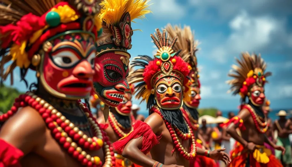 Generate an image of the Rom Dance ceremony on Ambrym Island, Vanuatu, featuring dancers in elaborate masks and traditional costumes.