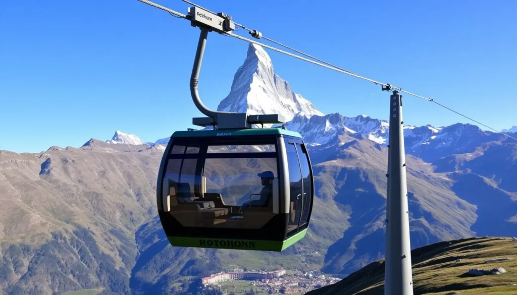 Generate an image of the Rothorn cable car in Zermatt, Switzerland, with the Matterhorn in the background.