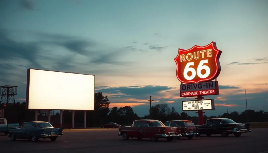 Generate an image of the Route 66 Drive-In theater in Carthage, Missouri, with a nostalgic atmosphere.