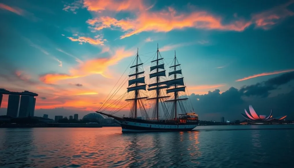 Generate an image of the Royal Albatross, a majestic tall ship sailing through the waters around Singapore during sunset.