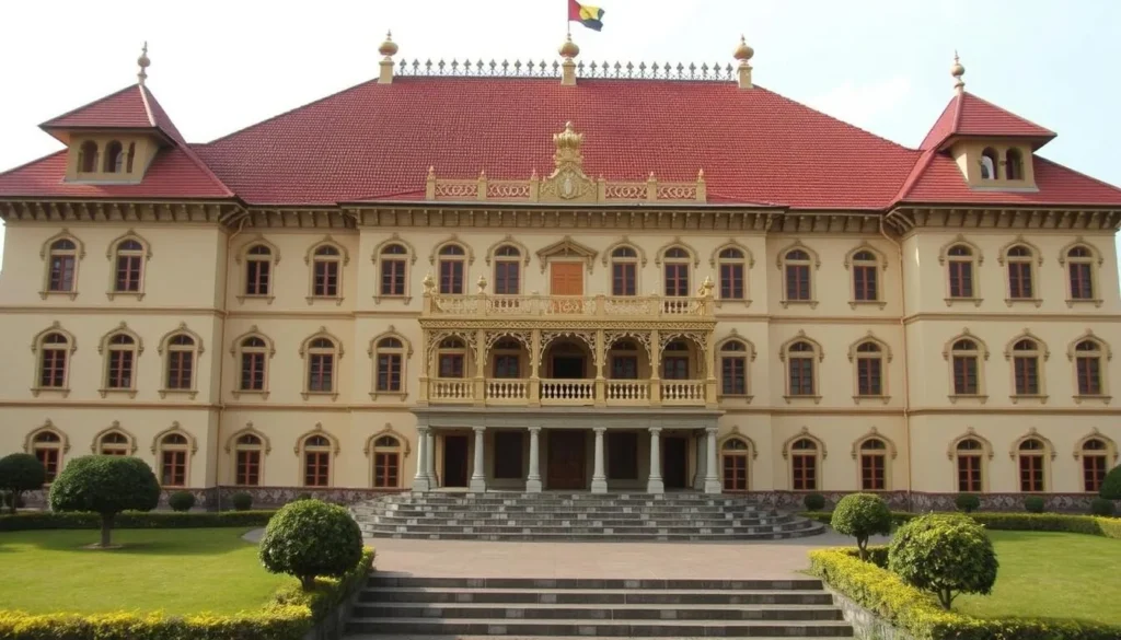 Generate an image of the Royal Palace of Oba in Benin City, showcasing its distinctive architecture and cultural significance.