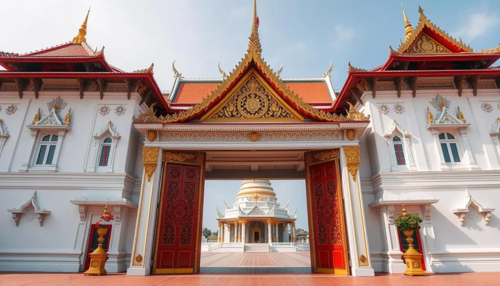 Generate an image of the Royal Palace's grand entrance with the Silver Pagoda in the background.