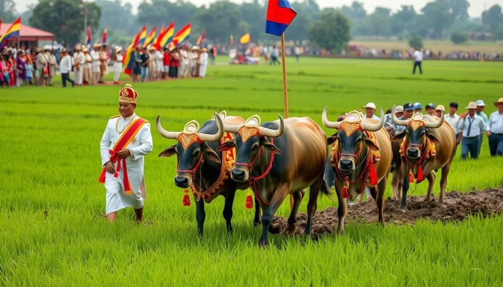 Generate an image of the Royal Ploughing Ceremony in Cambodia, showcasing the King or his representative ceremonially plowing a field with royal oxen.