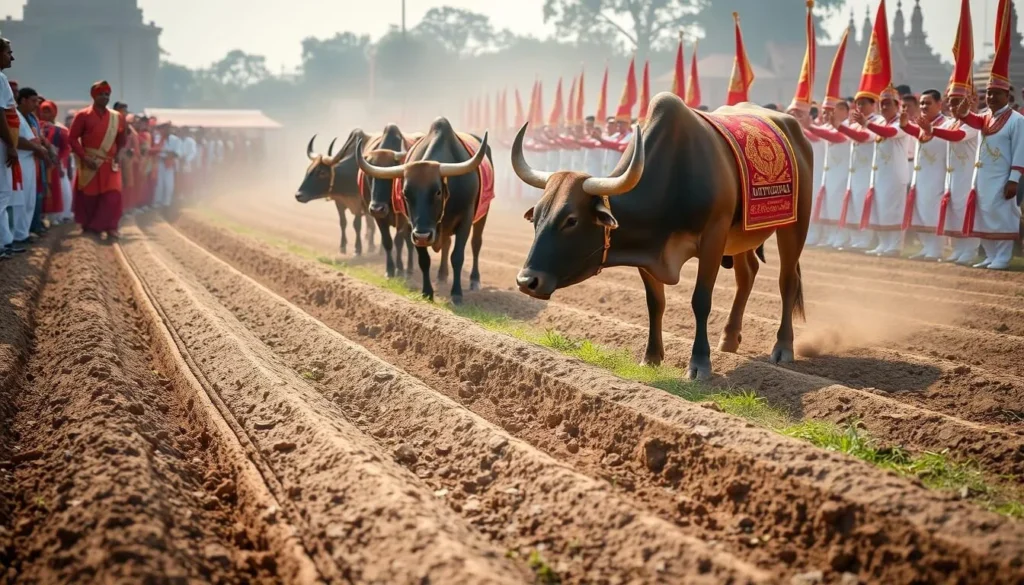 Generate an image of the Royal Ploughing Ceremony in Phnom Penh, Cambodia, showcasing the ceremonial furrows being drawn and the Royal Bulls making their choices.
