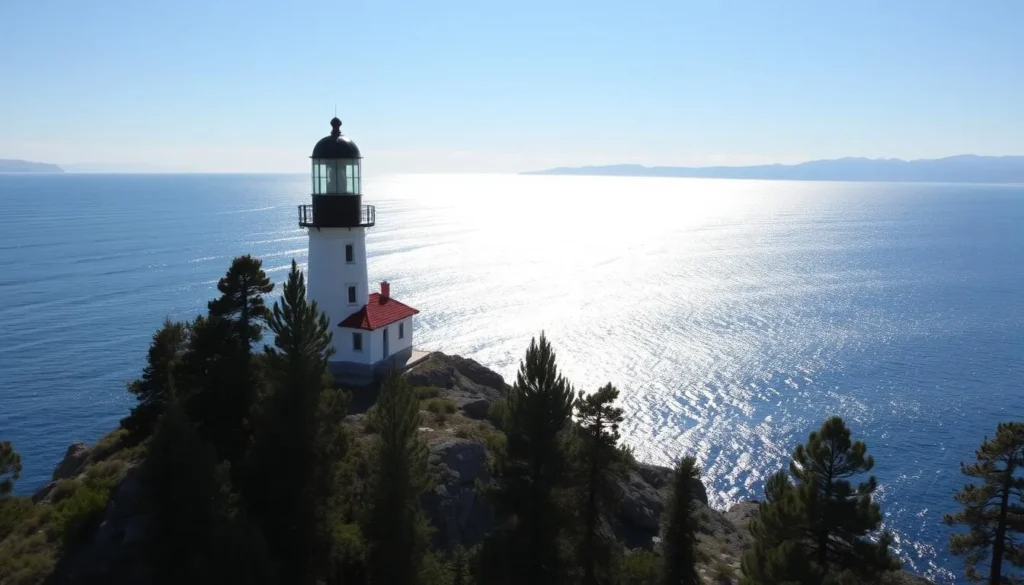 Generate an image of the Rubicon Point Lighthouse at Lake Tahoe, showcasing its historic significance and the surrounding natural beauty.