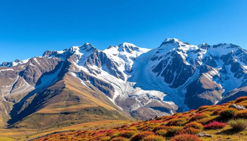 Generate an image of the Rwenzori Mountains with glaciers and alpine meadows