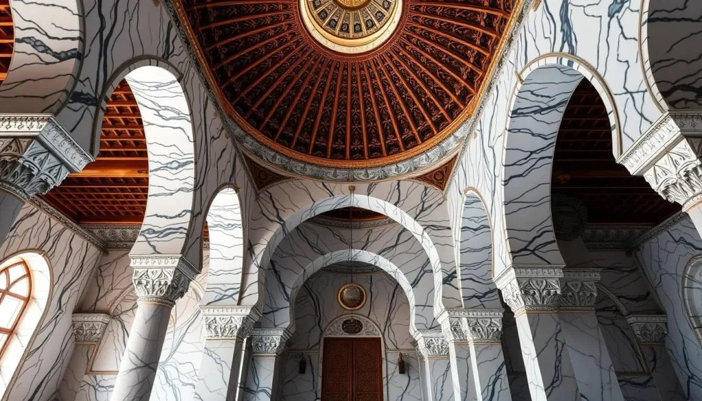 Generate an image of the Saadian Tombs' ornate cedar domes and Italian Carrara marble