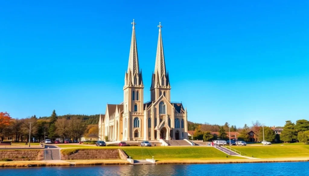 Generate an image of the Sainte-Anne-de-Beaupré Shrine's basilica with its twin spires and serene surroundings.