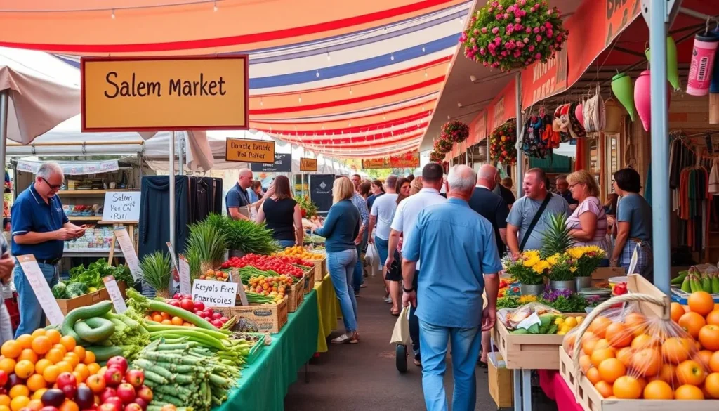 Generate an image of the Salem Saturday Market with vendors selling local produce and handmade crafts.