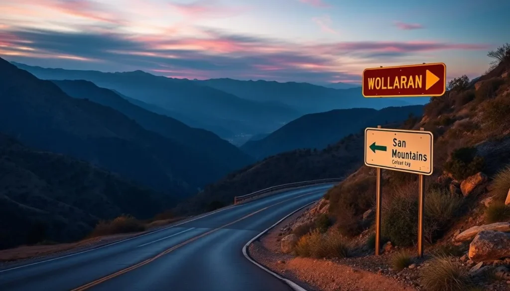 Generate an image of the San Gabriel Mountains with a winding road and a sign indicating a popular destination.