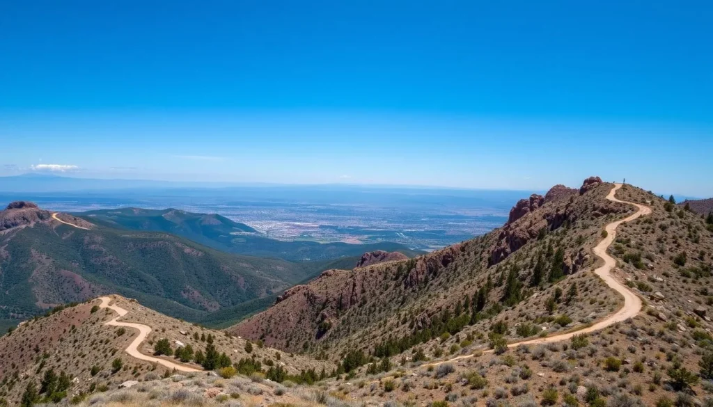 Generate an image of the Sandia Mountains with hiking trails and a panoramic view of Albuquerque.