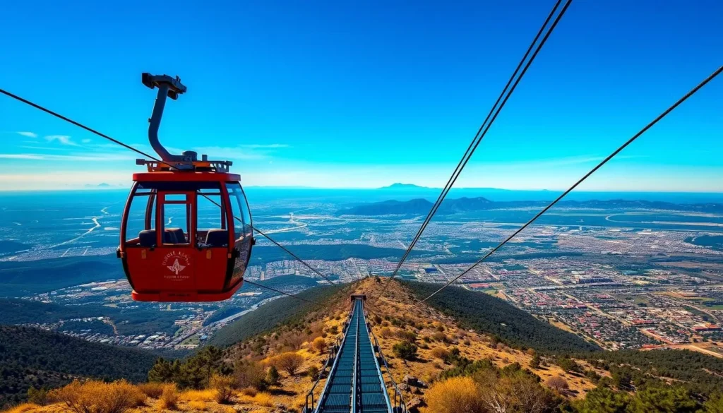 Generate an image of the Sandia Peak Tramway ascending to the top of Sandia Peak with a panoramic view of Albuquerque in the background.