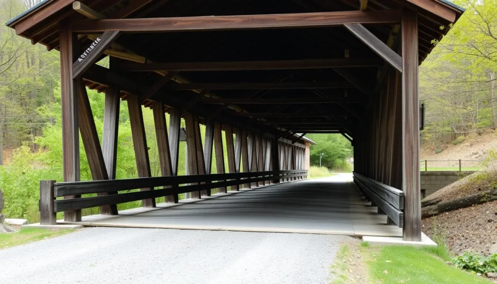 Generate an image of the Sandy Creek Covered Bridge, highlighting its restored 19th-century appearance.