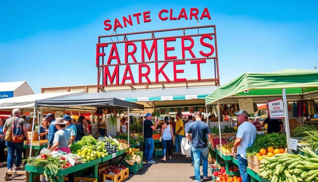 Generate an image of the Santa Clara Farmers Market, capturing its lively atmosphere and variety of local produce.