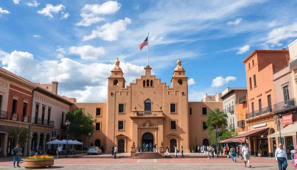 Generate an image of the Santa Fe Plaza with the Palace of the Governors in the foreground.