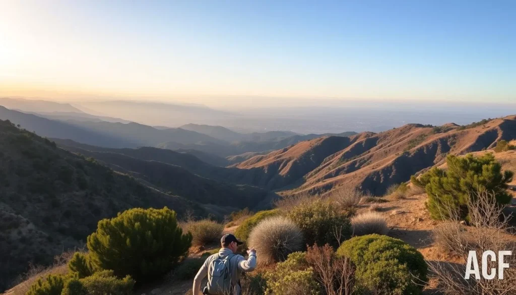 Generate an image of the Santa Monica Mountains with a hiker on the Backbone Trail.