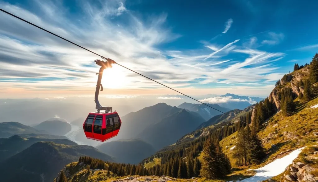 Generate an image of the Säntis mountain cable car ascending to the summit.