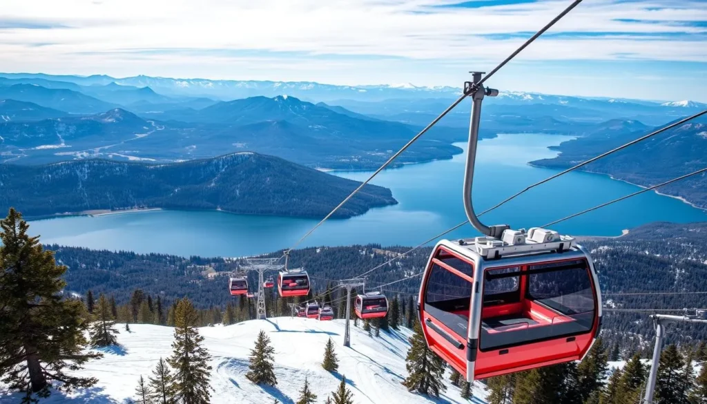 Generate an image of the Scenic Sky Chair at Snow Summit, Big Bear, with a panoramic view of Baldwin Lake and the surrounding mountains.