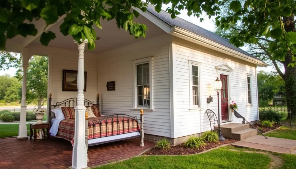 Generate an image of the School House Bed & Breakfast in Rocheport, Missouri, showcasing its historic architecture and inviting ambiance.