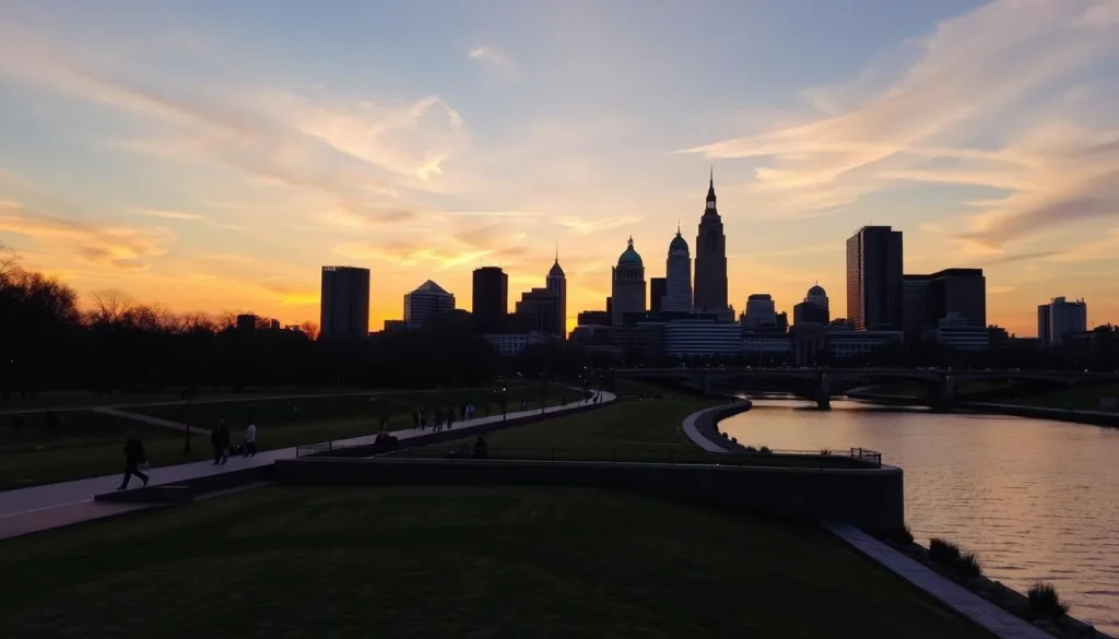 Generate an image of the Scioto Mile at sunset with the Columbus skyline in the background.