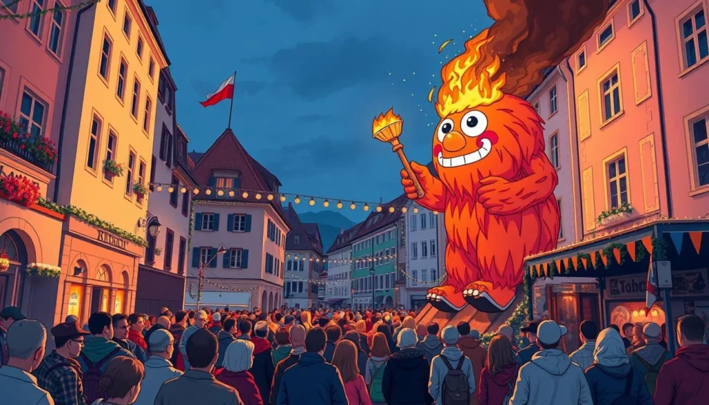 Generate an image of the Sechseläuten festival in Zurich, with the Böögg burning.
