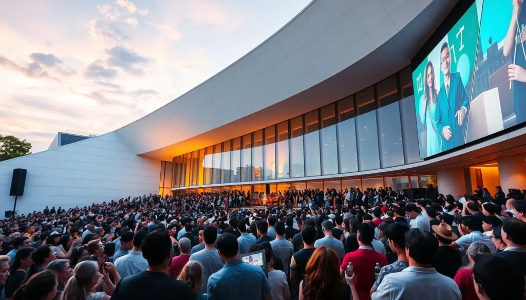 Generate an image of the Seongnam Arts Center's modern architecture with a crowd attending a performance.