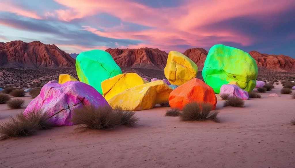 Generate an image of the Seven Magic Mountains with vibrant, neon-colored boulders standing out against the natural desert surroundings.