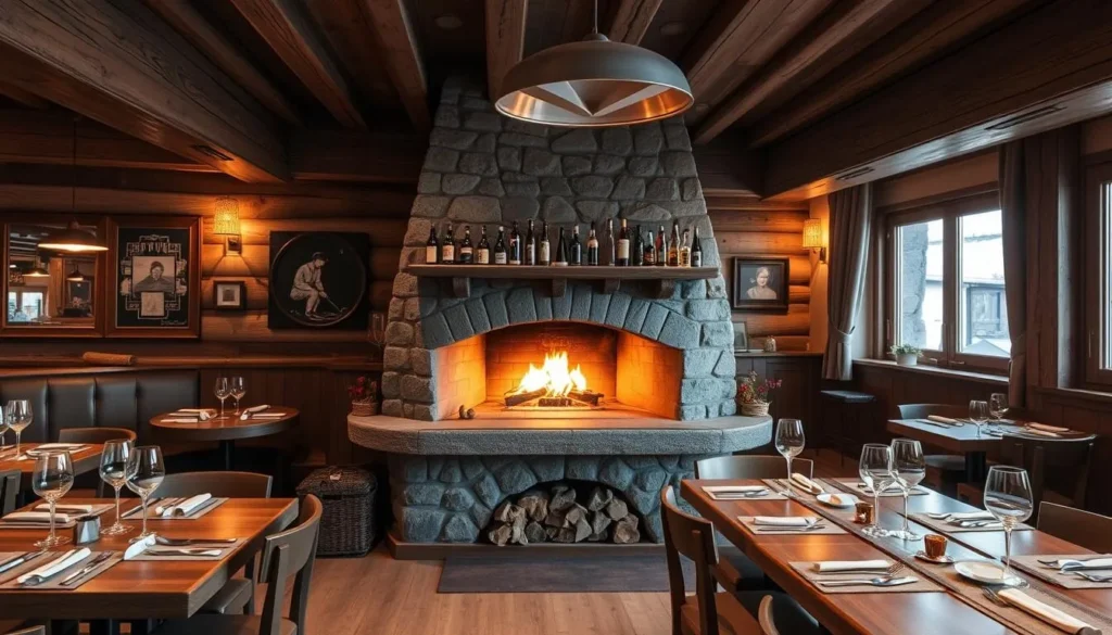 Generate an image of the Signina Hotel's restaurant with a wood-fired oven or a room with a cozy Alpine ambiance.