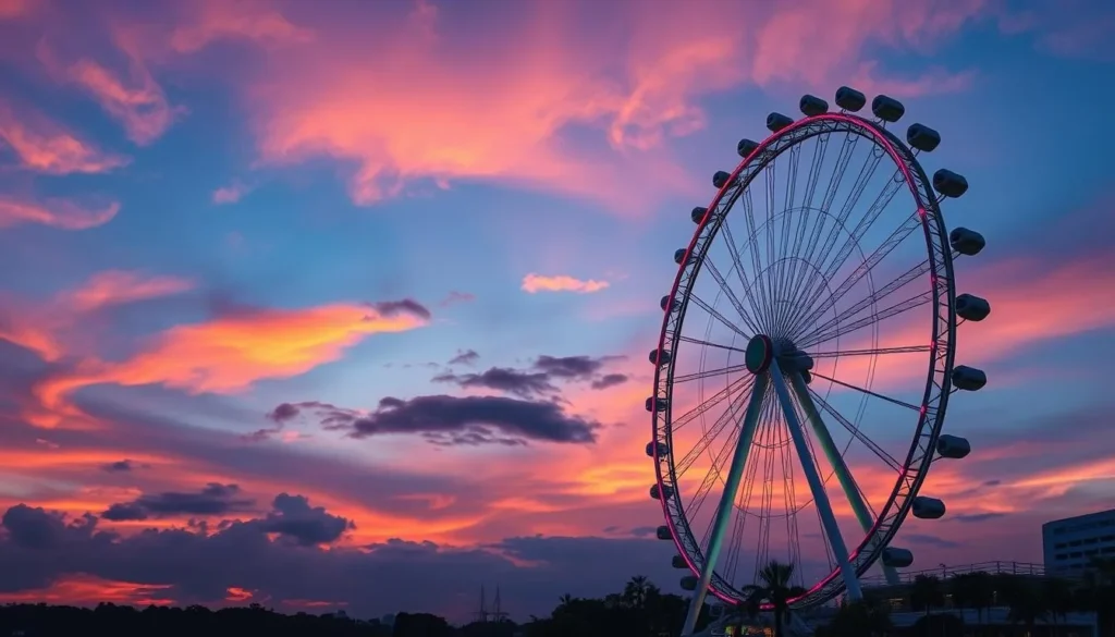 Generate an image of the Singapore Flyer at sunset